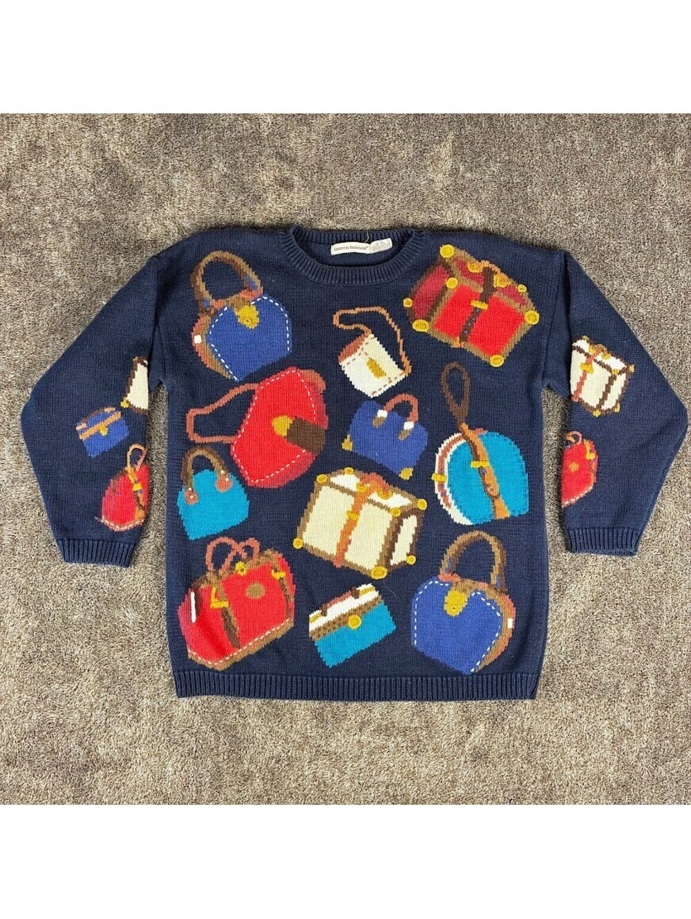 Lauren Hansen Womens One Size Vintage Knit Purse Sweater with Shoulder Pads Blue